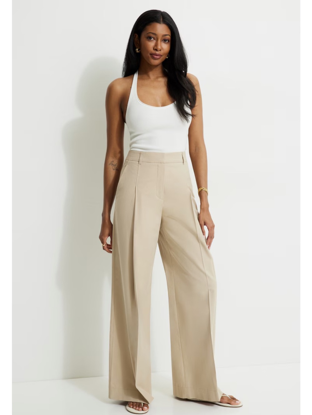 Dynamite Wide-Leg High-Rise Trousers in Light Beige